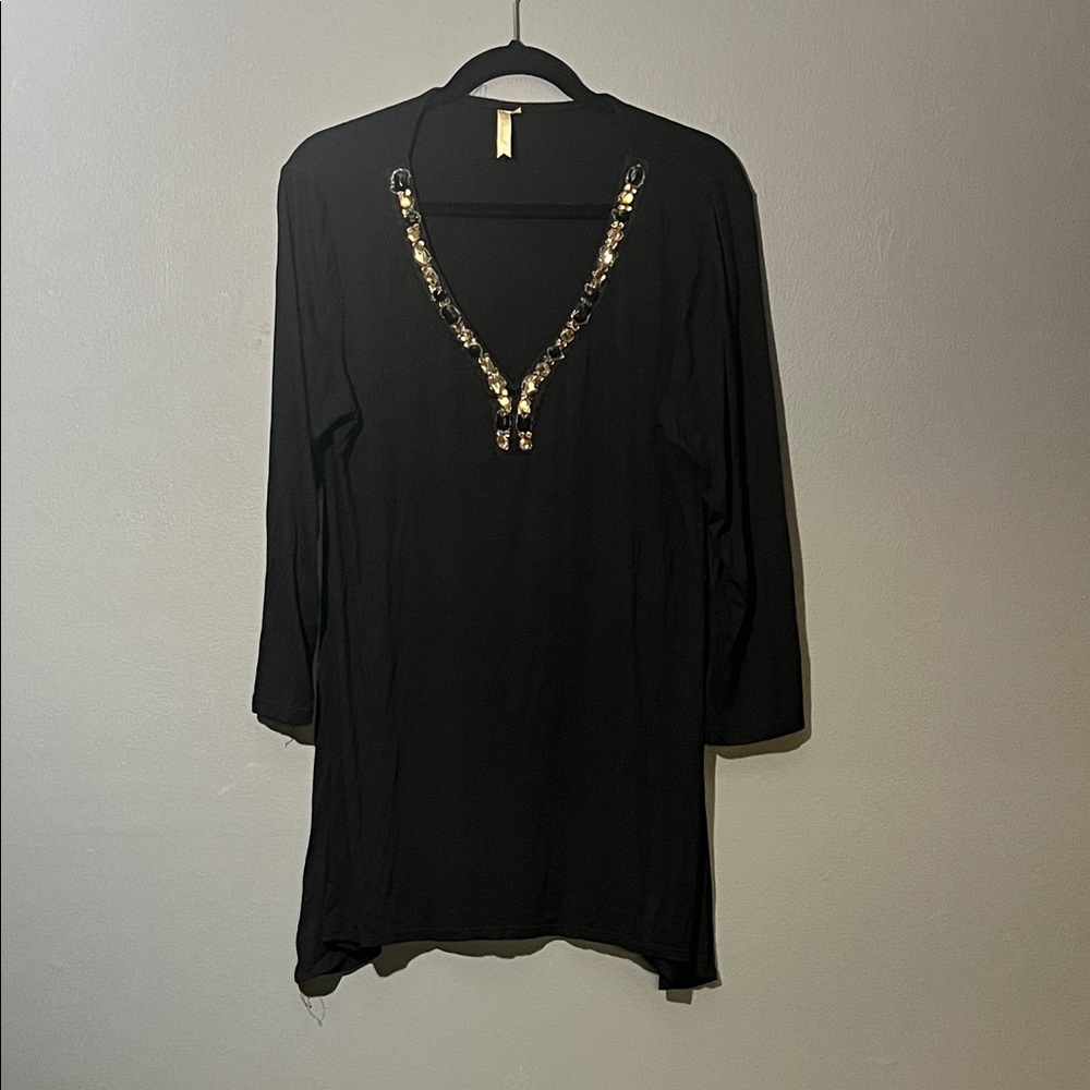 Black Tunic Top with Gold Sequin V-Neck